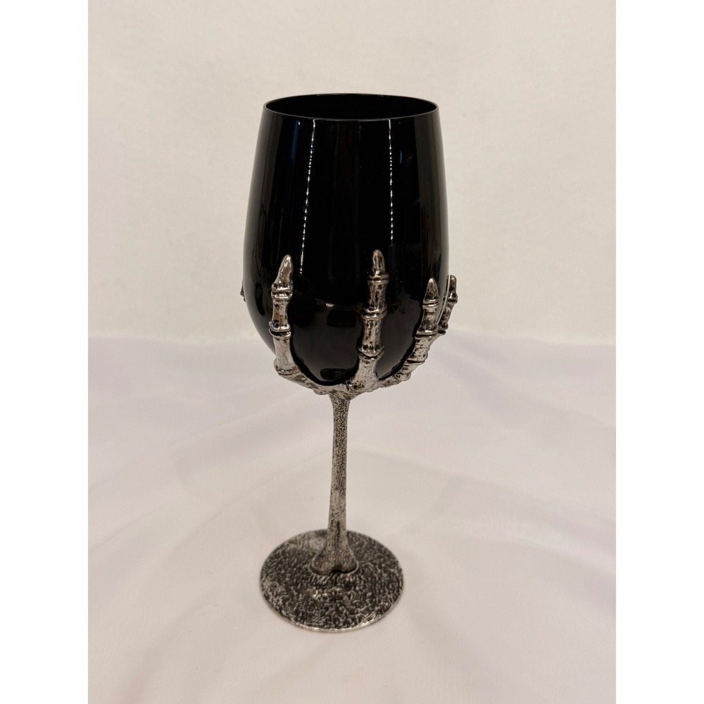 Skeleton Hand Wine Glass Black Goth Goblet Silver Tone Bone Stem Halloween Decor